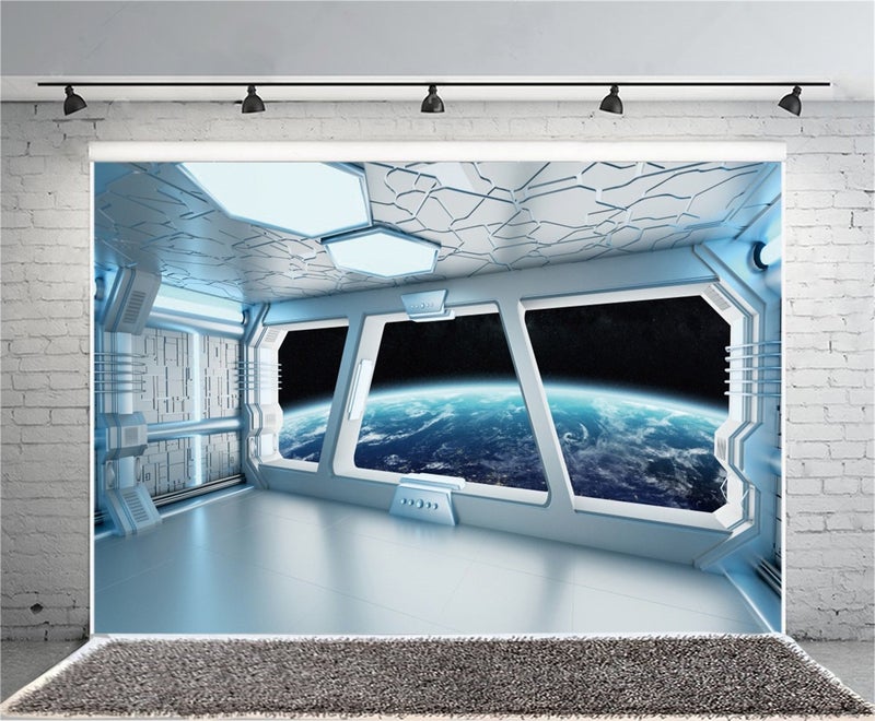 AOFOTO 10x7ft Spaceship Interior Backdrop Space Station Spacecraft Cabin Window View On Earth Background Futuristic Science Fiction Universe Outer Space Exploration Room Decors Photo Shoot Props - Image 2